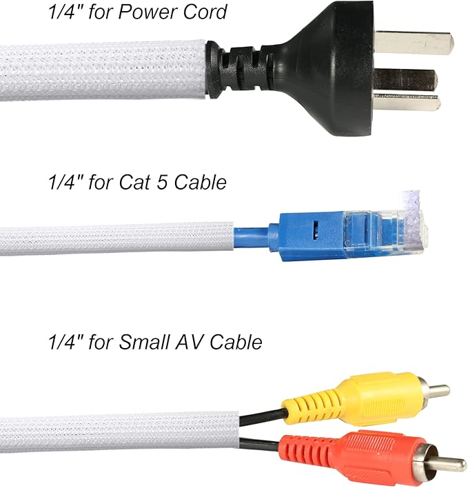 CrocSee 10ft - 1/4 inch Braided Cable Management Sleeve Cord Protector - Self-Wrapping Split Wire Loom for TV/Computer/Home Theater/Engine Bay - White