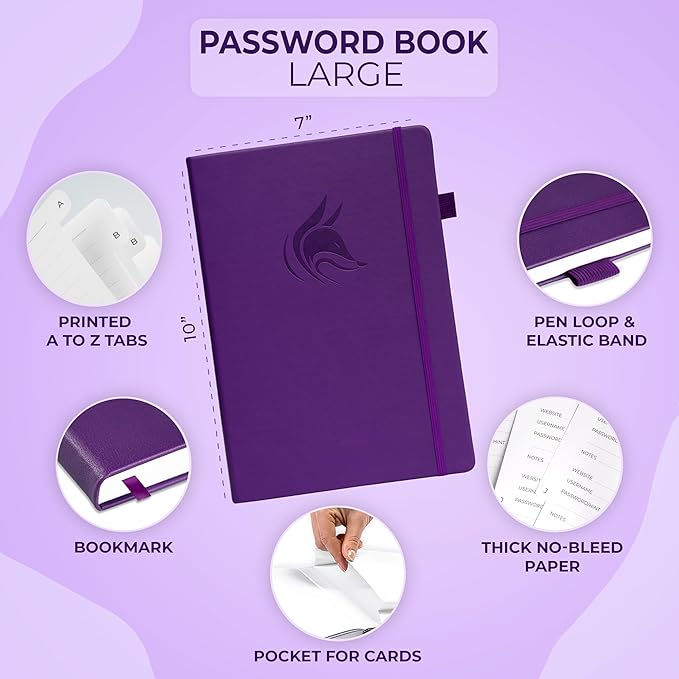 Clever Fox Password Book with alphabetical tabs. Internet Address Organizer Logbook. Large Password Keeper for Website Logins (Purple)
