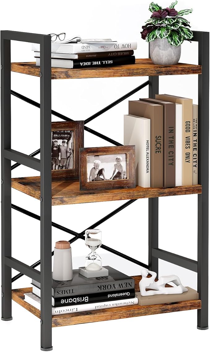 Homeiju Bookshelf, 3 Tier Industrial Bookcase, Metal Small Bookcase, Rustic Etagere Book Shelf Storage Organizer for Living Room, Bedroom, and Home Office(Rustic Brown) Patent Pending D29873033
