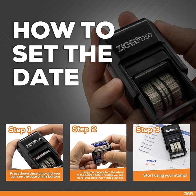 ZIGEL D50 Date Stamp with Entered - Self Inking Date Stamp - Black