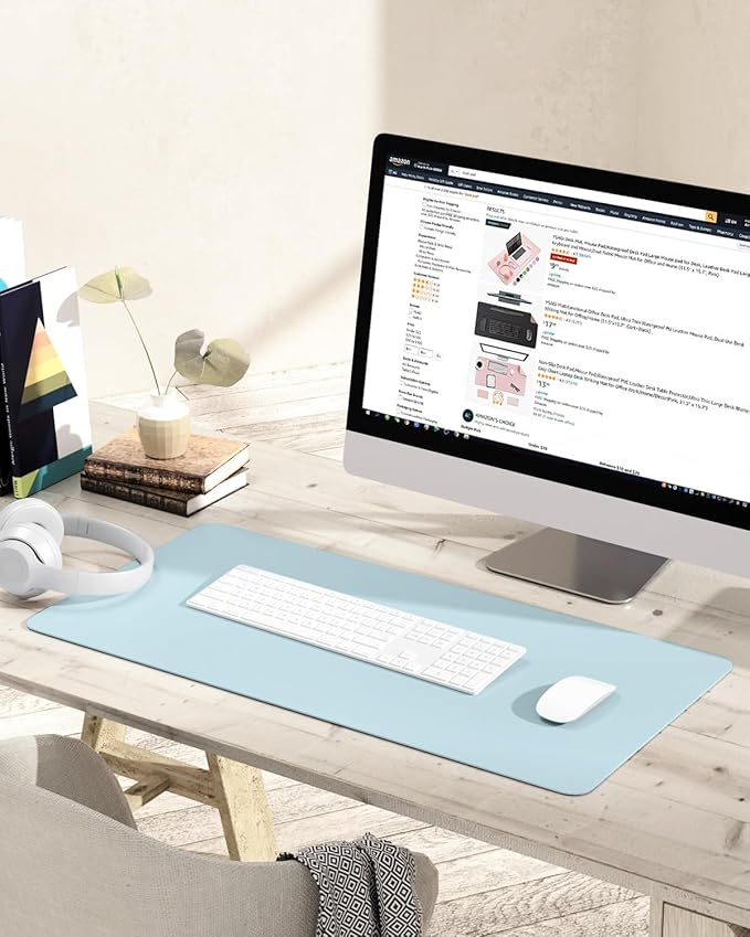 YSAGi Non-Slip Leather Desk Pad, Waterproof Laptop Computer Desk Keyboard Mat, Table Protector Blotter Mat, Large Mouse Pad for Office/Work/Home/Decor(Sky Blue, 31.5" x 15.7")