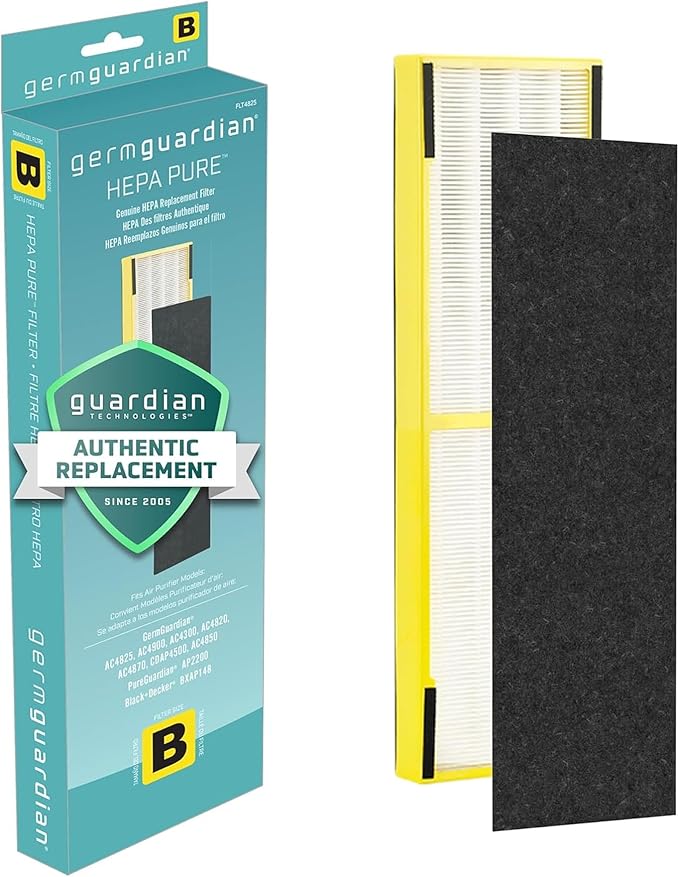 GermGuardian Filter B HEPA Pure Genuine Air Purifier Filter, Removes 99.97% of Pollutants, Wildfire Smoke, Odors, for AC4825, AC4300, AC4850, AC4880, AC4900, CDAP4500, AP2200, Black/Yellow, FLT4825