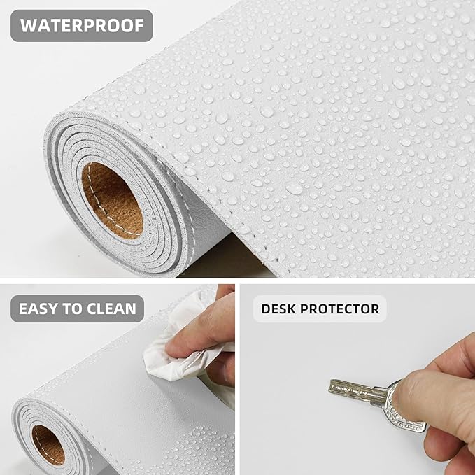 AFIING Leather Desk pad Protector, Large Non-Slip Office Desk Mat with Natural Cork & PU Leather, Waterproof Writing Mouse Pad for Office and Home (55in*17in,White)
