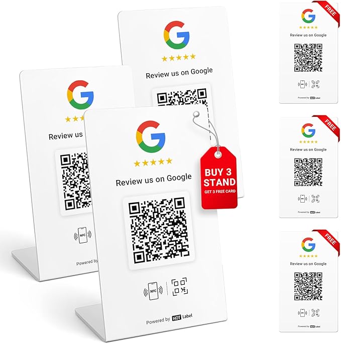 HotLabel Review Stand 3-Pack + Bonus Review Tap Card 3-Pack + For Boosting Business Reviews + White + NFC Tap & QR Code + Supports 2 Different Stores or Same + No App/No Subscription