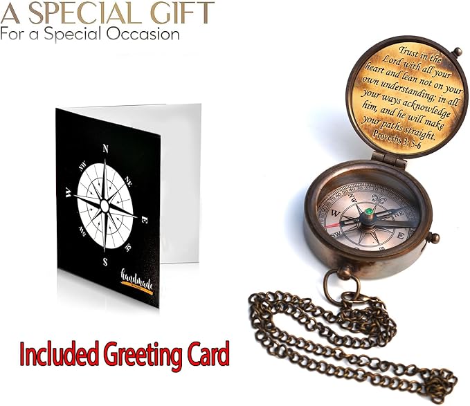 Trust in The Lord With All Your Heart - Proverbs 3:5-6 Quote Engraved Compass With Wooden Box, Greeting Card, Gift Compass, Graduation Day Gifts 2024 for Women Men Boys Girls