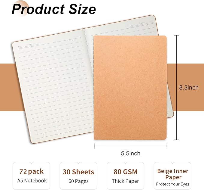 miikoul 72 Pack A5 Kraft Paper Notebook Lined Journal Bulk, 8.3 X 5.5 Inch, 60 Pages/30 Sheets, 80gsm, Travel Notebook Notepad for Adult, Students, Gift, Office, Back to School Supplies