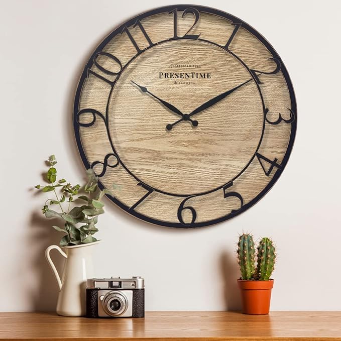 Presentime & Co 21" Farmhouse Series Wall Clock, Cottage Style, Vintage Design, Oil Rubbed Antique Bronze Finish. Wall Décor for Living Room, Dining Room, and Entryway.
