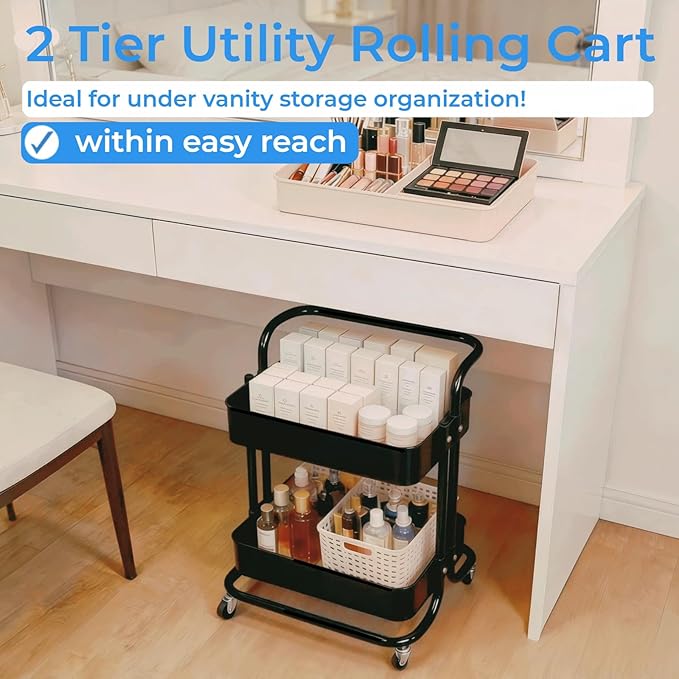 Ufriandz 2 Tier Rolling Utility Cart with Wheels All-Metal Short Pantry Cart Under Desk Storage Trolley with Handle, Small Rolling Storage Shelf for Small Space Kitchen Laundry Room Bathroom, Black