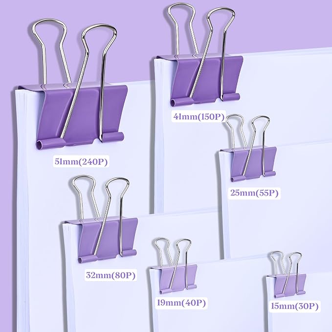 Temiary Aesthetic Binder Clips, Large Metal Binder Clip with Clear Storage Container, Binding Paperwork Clamps for School Teachers Office Supplies (Purple 1.6 Inch, 24P)