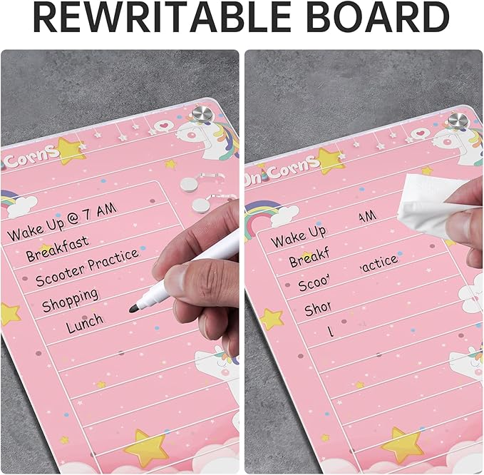 NiHome Acrylic Magnetic to Do List Planning Board with Sliders & Desktop Stand, Kids Chore Chart, Checklist Routine Chart Task Board for Fridge & Desk, for Magnetic Metal Surfaces Only (Pink Unicorn)