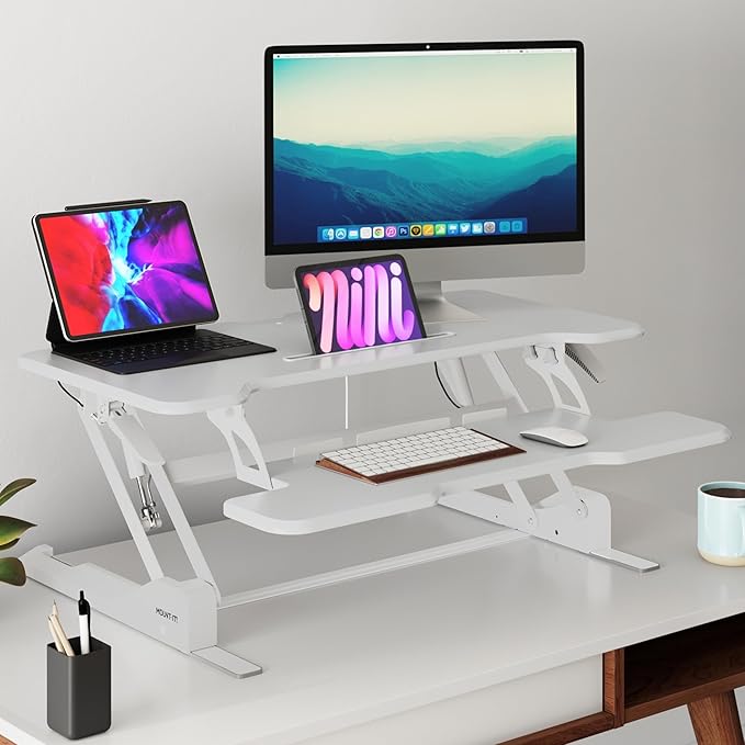 Mount-It! Standing Desk Converter White 38” Wide Height Adjustable Stand Up Desk Riser, Desk Topper with Gas Spring, Desktop Standing Desk with Keyboard Tray Fits Two Monitors