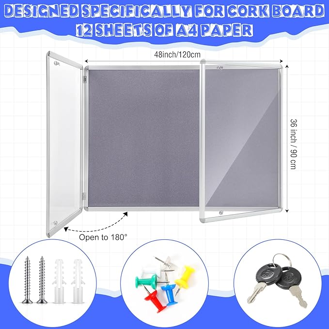 Enclosed Bulletin Board 48" x 36" Weather Resistant Lockable Notice Cork Display Board Wall Mounted 2 Locking Door for School Classroom Commercial Christmas, 12 x A4(Gray, Silver Frame)