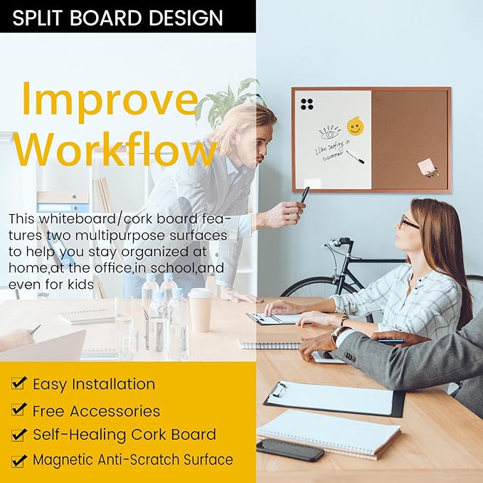 Combination Writeboard 36"x 24" Magnetic Whiteboard & Cork Board Dry Erase Board Bulletin Board Wall Mounted Wood Frame