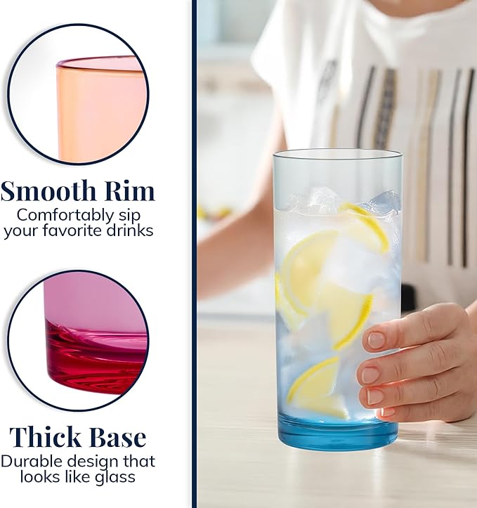 US Acrylic Classic Plastic Reusable Drinking Glasses (Set of 6) 24oz Iced Tea Cups Assorted Colors | BPA-Free Tumblers, Made in USA | Top-Rack Dishwasher Safe