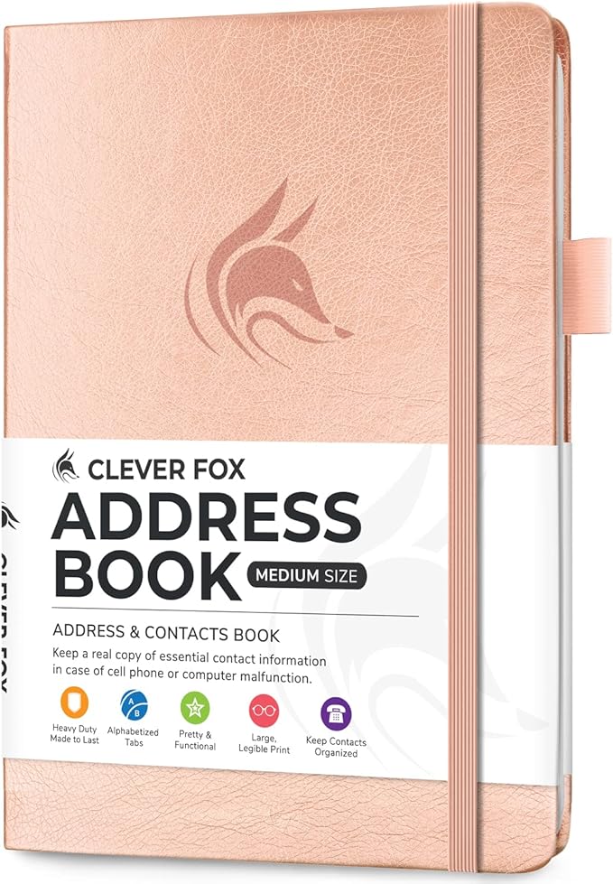 Clever Fox Address Book with alphabetic tabs - PU leather telephone and address book for keeping contacts safe, Contact Organizer Journal, Medium Size (5.3″ x 7.7″) Hardcover, Rose Gold
