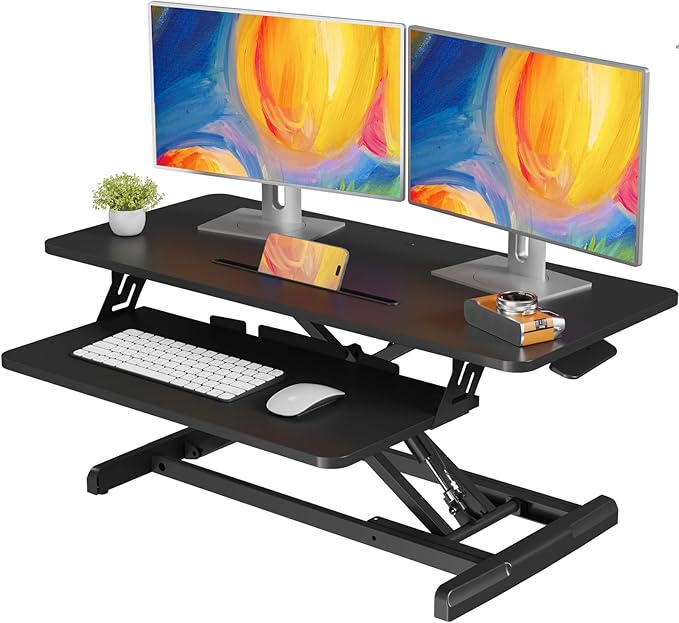 JOY worker Standing Desk Converter, 35" Wide Height Adjustable Sit Stand Up Desk Riser with Keyboard Tray, Desktop Workstation Riser for Home Office Computer Laptop, Particle Board, Black
