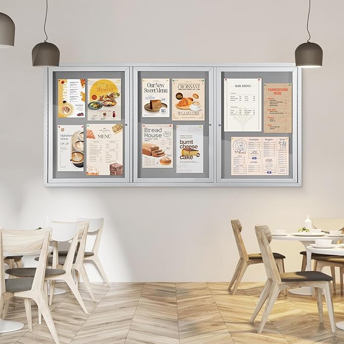 SWANCROWN Outdoor Bulletin Board 94x48in, Enclosed Bulletin Board with Locking Door for Office School Commerce, Grey Felt, Sliver Aluminum Frame