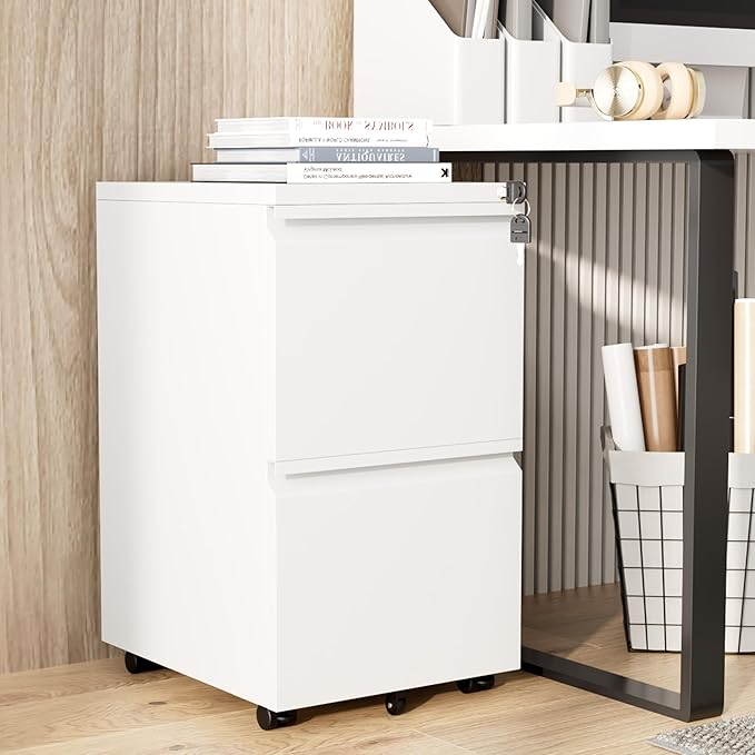 Greenvelly 2 Drawer Mobile File Cabinet with Lock, Metal Filing Cabinet on Wheels, Under Desk File Cabinet for Home Office Organizer Letter/Legal/A4 File (Assembly Required, White)