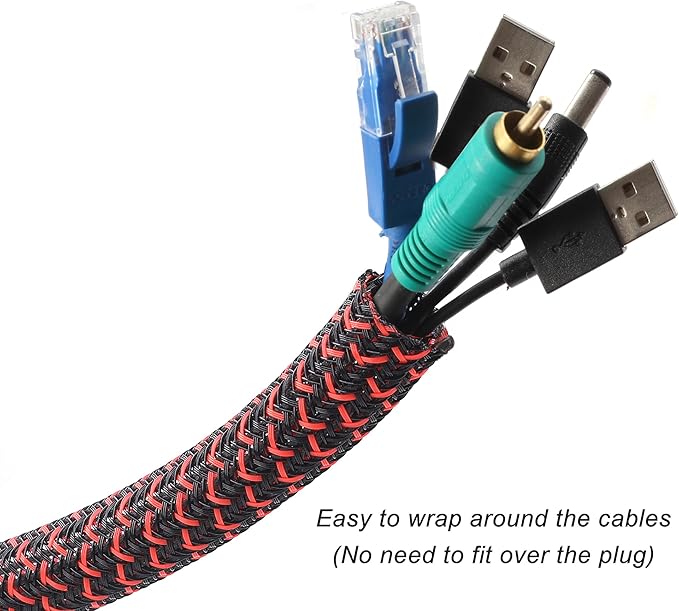 CrocSee 25ft - 1/2 inch Braided Cable Management Sleeve Cord Protector - Self-Wrapping Split Wire Loom for TV/Computer/Home Theater/Engine Bay - Black/Red