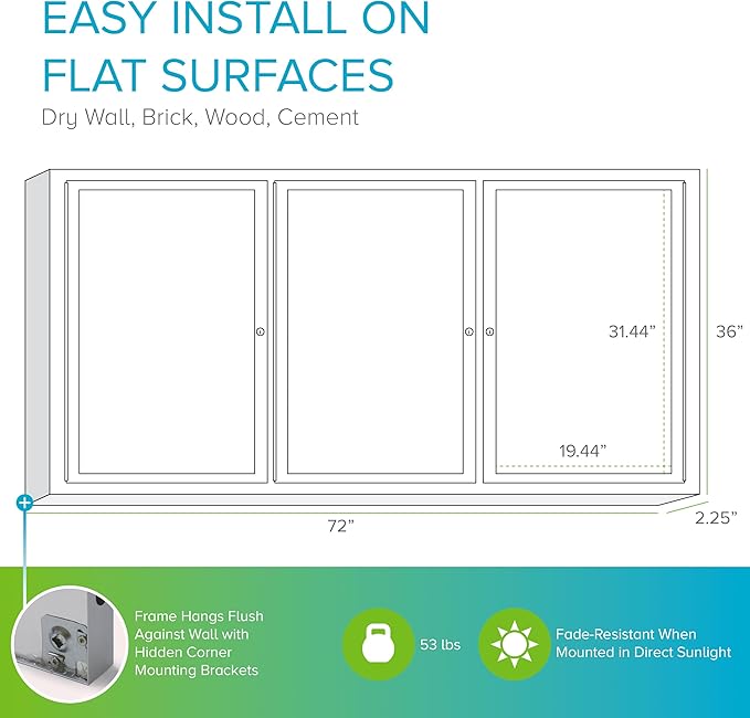 Ghent 36"x72" 3-Door indoor Enclosed Recycled Rubber Bulletin Board, Shatter Resistant, with Lock, Satin Aluminum Frame, Confetti (PA33672TR-CF) ,Made in the USA