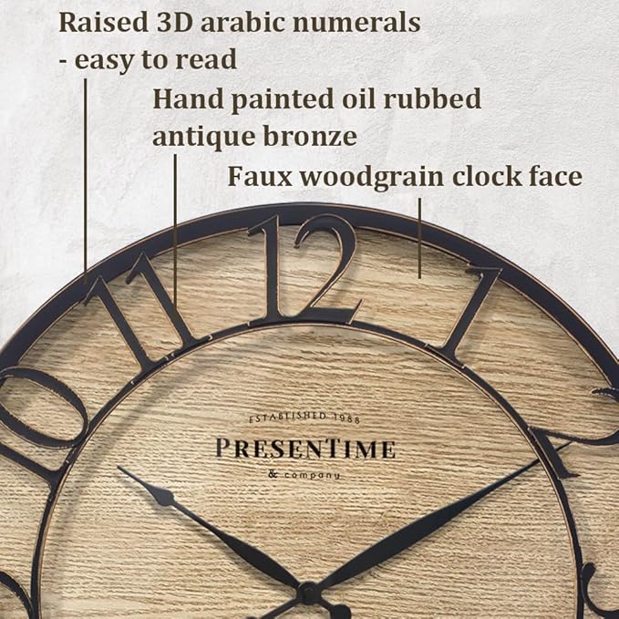 Presentime & Co 21" Farmhouse Series Wall Clock, Cottage Style, Vintage Design, Oil Rubbed Antique Bronze Finish. Wall Décor for Living Room, Dining Room, and Entryway.