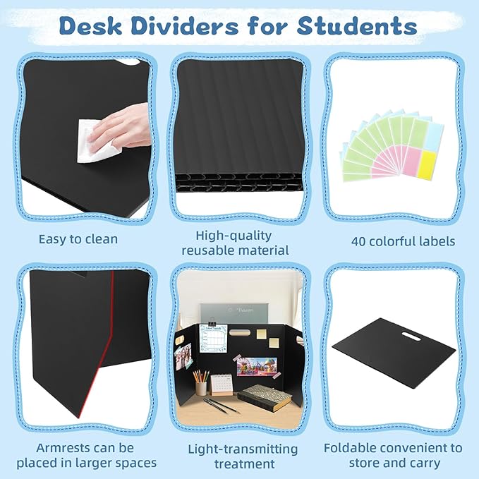 24-Pack Plastic Desk Dividers for Students, Privacy Folders for Students - Durable & Easy-to-Clean Privacy Panels with 40 Labels & Light Holes, Testing Dividers for Classroom - Classroom Must-Haves