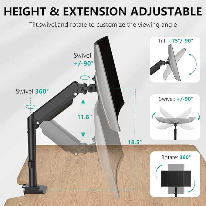 WALI Single Monitor Arm Desk Mount for 13-32 Inch Screens, Premium Gas Spring Monitor Stand with Full Motion Tilt, Swivel, Rotation, Holds up to 19.8 lbs, C-Clamp Mount for VESA 75/100mm (GSDM001S)