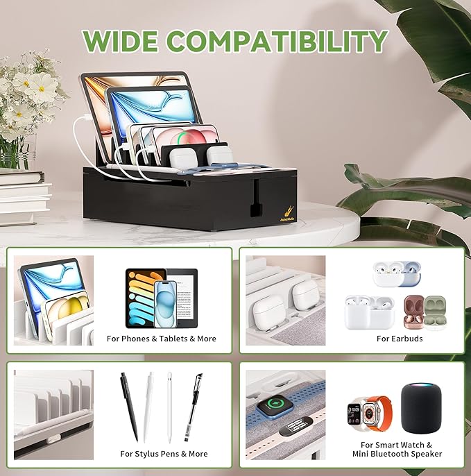Pezin & Hulin Bamboo Charging Station, Electronic Devices Organizer for Multiple Devices Charger Such As Cell Phone, Tablet, Watch and More, Blackl, (No USB Charger and Cables