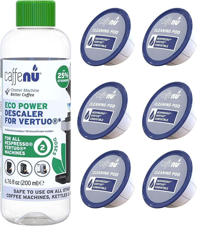 Caffenu Descaling Kit Compatible with Nespresso Vertuo, 2 Uses Descaling Solution and 6 Cleaner Pods. Removes Limescale & Cleans Pod Area. Better Tasting & Hotter Coffee. 4 Months Supply.