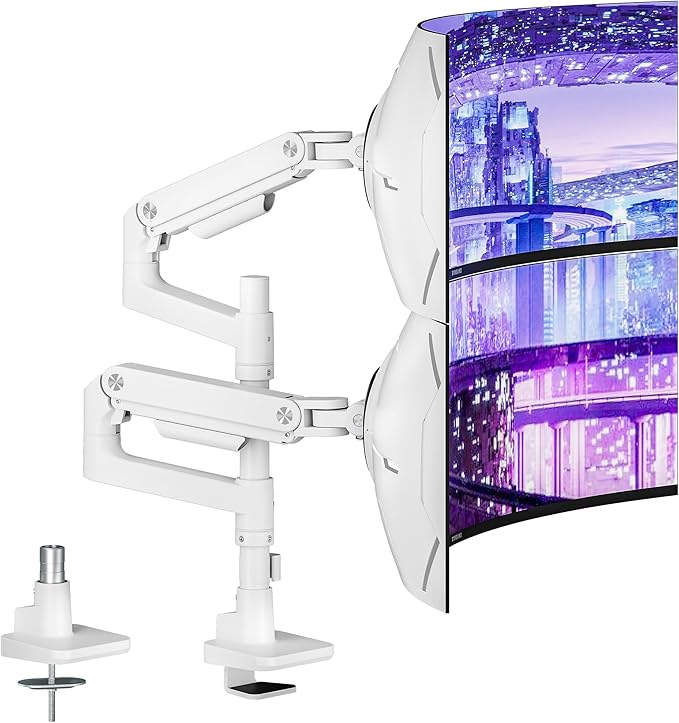 ARES WING Dual Monitor Arm Desk Mount for 17-49 Inch Ultrawide Monitors, Heavy Duty Dual Monitor Mount Holds 44 lbs, Full Motion Gas Spring Vertical Stacked Monitor Mount, 75/100 VESA Mount, White