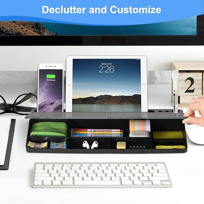 Desktop Glass Whiteboard with Storage, Weekly Calendar Desk Dry Erase White Board, Desk Organizers and Accessories, Weekly Planner Board for List, Planning, Memo, Note, Office, Home, College, School