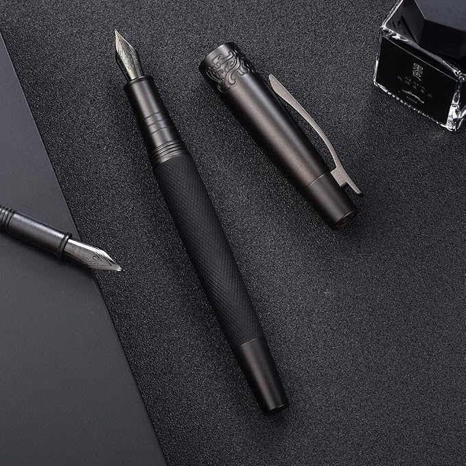 Pure Black Fountain Pen, PVD Coated Black Bent Nib Solid Metal Fude Pen, Metal Box Set by Hongdian