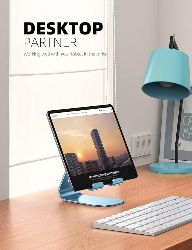 Lamicall Tablet Stand, Adjustable Tablet Holder - Desktop Stand Dock Holder Compatible with 4-13" Tablets Such as iPad Pro 11, 9.7, 10.5, 12.9 Air Mini, Kindle, Tab, iPhone Air 17 Pro Max, Blue