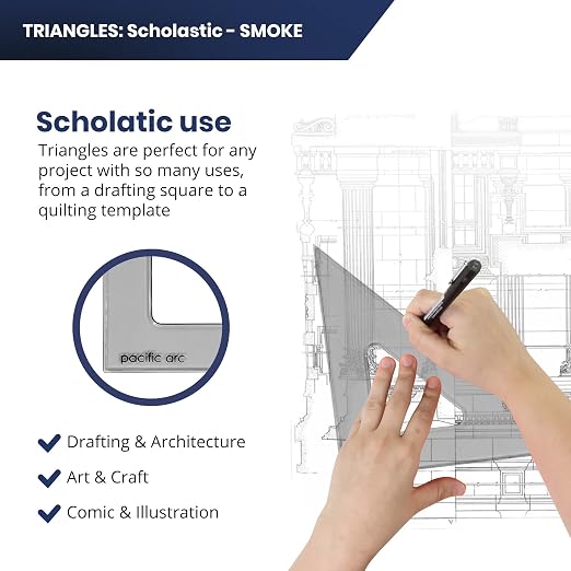 Pacific Arc's Scholastic Triangle - 10 inch - Smoke - 40/90 Angle - Polystyrene - Inking Edge - Technical Drawing Tools, Drafting, Architect and Engineering.