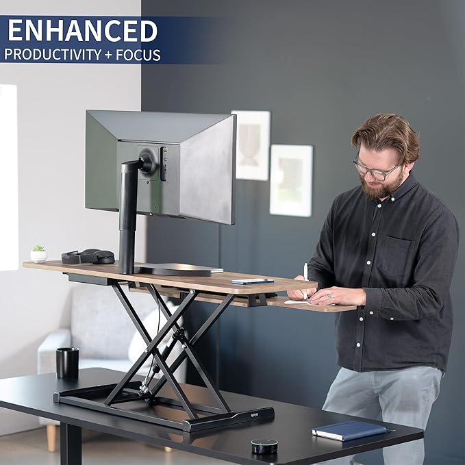 VIVO 42 inch Desk Converter, K Series, Height Adjustable Sit to Stand Riser, Dual Monitor and Laptop Workstation with Wide Keyboard Tray, Reclaimed Wood Top, Black Frame, DESK-V042KP