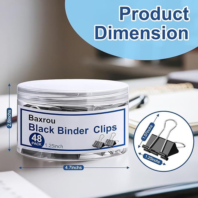 Medium Binder Clips 1.25 Inch (48 Pack) with Container,Binder Clips Medium Size, Big Paper Clips Clamps, Clips for Paperwork, for Office and Home Supplies School, Black