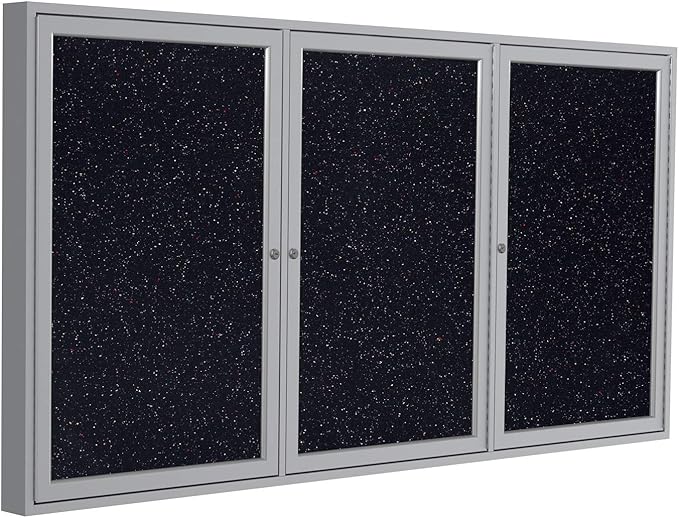 Ghent 36"x72" 3-Door indoor Enclosed Recycled Rubber Bulletin Board, Shatter Resistant, with Lock, Satin Aluminum Frame, Confetti (PA33672TR-CF) ,Made in the USA