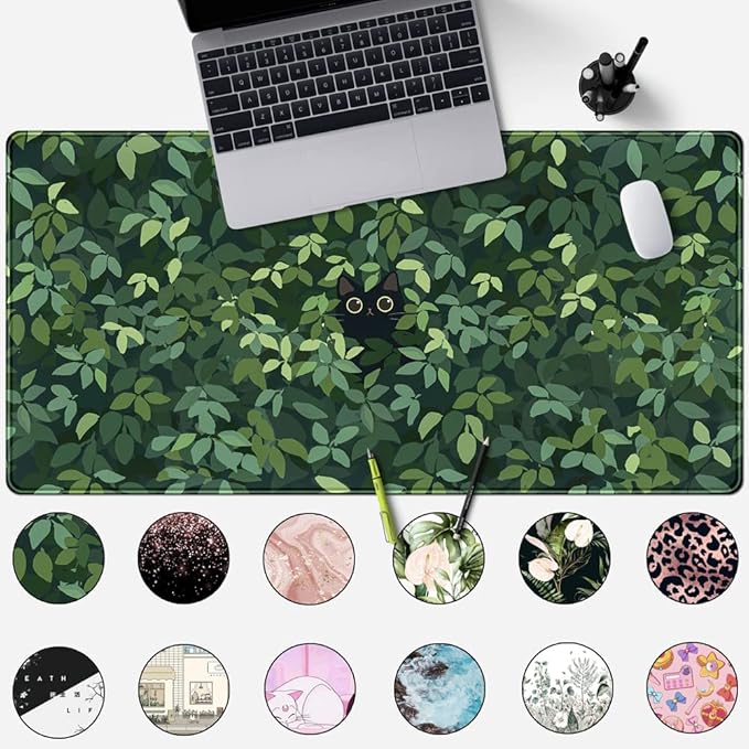 Cute Cat Kawaii Green Desk Mat - Large Gaming Mouse Pad & Keyboard Laptop Mat - Anime XL (31.5x15.7 in) - Non-Slip Base, Stitched Edges