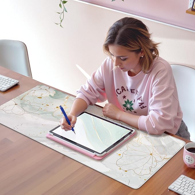iCasso Desk Cover Mat, Extra Large Lotus Mouse Pad, Desk Pad Mat,Office Matt for Desktop Protector, Anti-Slip XXL Big Mousepad with Stitched Edges for Laptop Computer Keyboard(Green Lotus Leaf)
