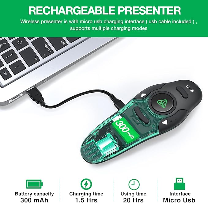 Rechargeable Presentation Clicker Wireless Presenter Remote USB Control Powerpoint PPT Clicker,Green Laser Pointer RF 2.4GHz Presenter Remote Google Slide Advancer for Computer/Laptop/Mac/Keynote