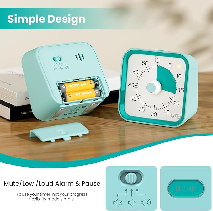 Visual Timer for Kids with Pause Function, 60 Minute Countdown Timer for Kids Desk Study, Teaching, Kitchen Cooking, Office Meetings, Time Management for ADHD (Green)