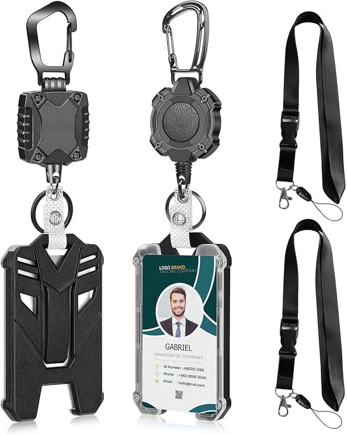 AIDSOTOU Badge Holder Retractable Clip Heavy Duty Carabiner Badge Reel Keychain with Breakaway lanyards for id Badges Cool Tactical ID Cards Holder