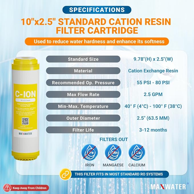 Max Water 10" x 2.5" Cation Resin Water Softener Cartridge, Compatible with AF-10-3003, WS-10, UDF-10C100E, 155319-43 & All 10 Inch Standard Whole House Water Filter Systems (6 Pack)