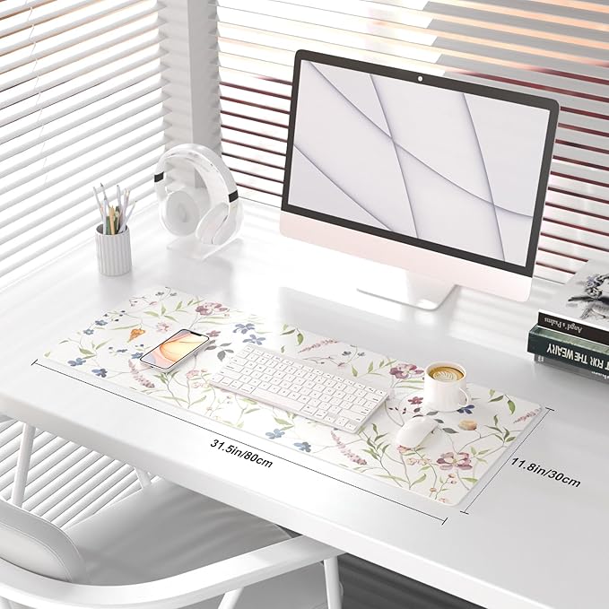QIYI Floral Mouse Pad, Large Desk Mat for Desktop, Women Girls Watercolor Flowers Office Décor Desk Accessories, PU Leather Waterproof Gaming Mousepad, Wildflowers Desk Pad Computer Mat, 31.5" x 11.8"