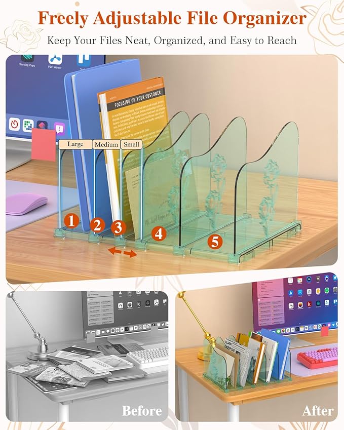COWVTUJ Adjustable Rose File Organizer for Desk, Vertical File Folder Holders for Magazines, Upright Desktop Binder Organizer, Clear Paper Bookshelf Divider File Sorter for School Office Supplies