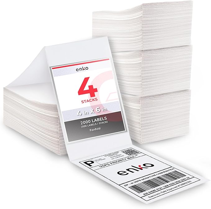 enKo Products - 4" x 6" Fanfold Direct Thermal Labels - White Shipping Labels, Perforated, Permanent Adhesive for Rollo, Zebra Printers (4 Stack, 2000 Labels) 500 Labels/Stack - Commercial Grade