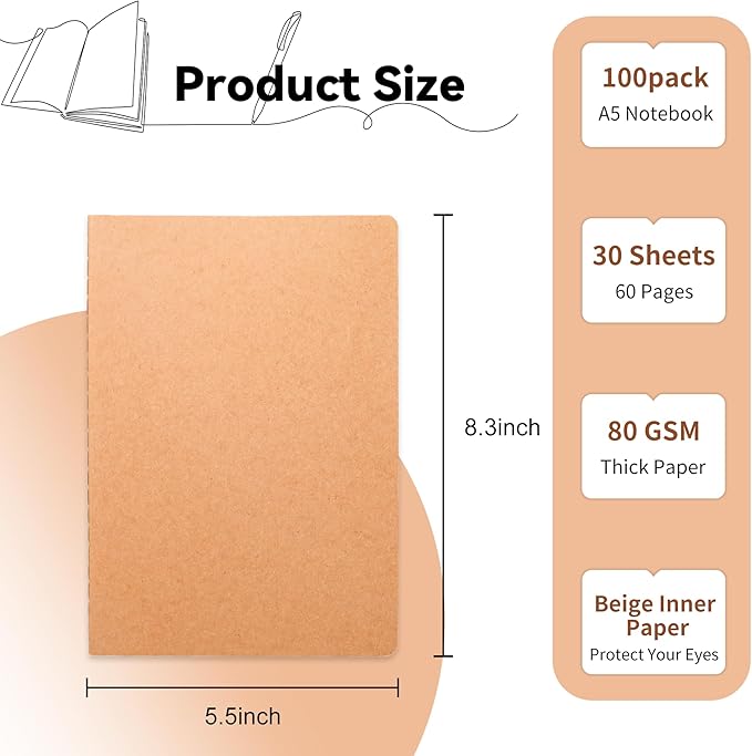 100 Pack Blank Kraft Notebooks, 8.3x5.5 Inches A5 Small Journals Bulk Blank Notebooks 80 Gsm Unlined with 60 Pages A5 Subject Notebooks Traveler Journal Set for Adult Students Back to School Supplies