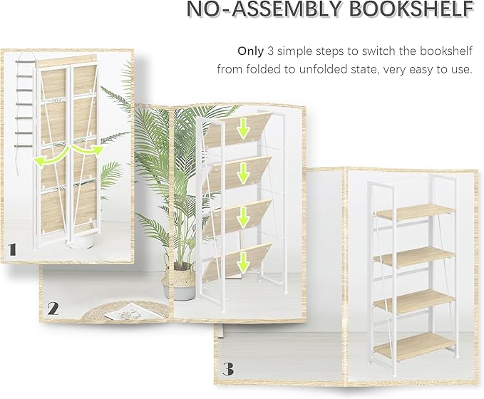 4NM No Assembly Folding Bookshelf Storage Shelves 4 Tiers Vintage Bookcase Standing Racks Study Organizer Home Office (Natural White)