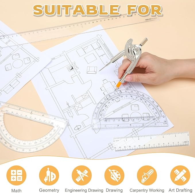 4 Pieces Geometry Math Set Compass for Geometry Math Compass and Protractor Set Include Metal Compass with Pencil Plastic Ruler and Protractor for Student School Office Woodworking Drawing Tools