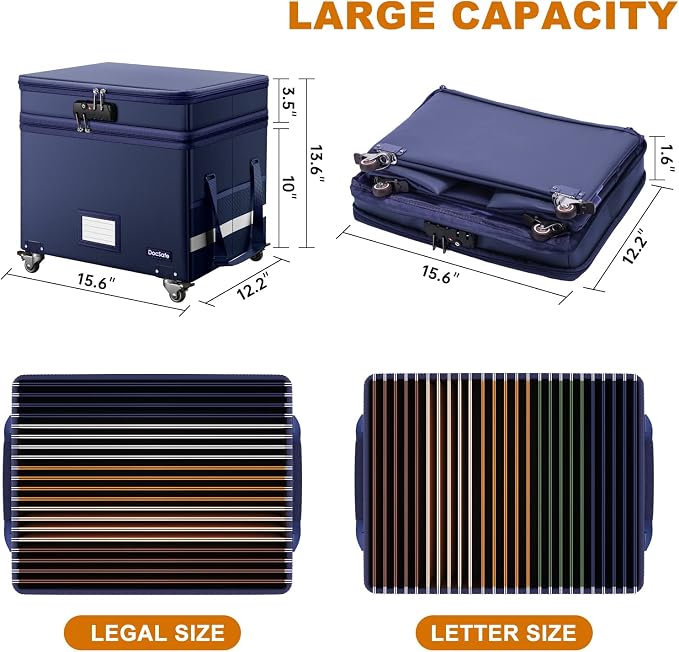 DocSafe File Box with Lock, 2-Layer Fireproof Document Box with Wheels,Collapsible File Storage Organizer with Pockets,Large Portable Office Filing Cabinet Hanging Folders,Blue,16''x13.8''x12.2''